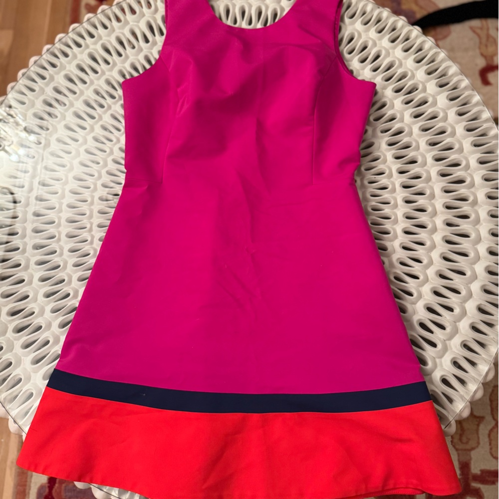 Badgley Mischka Hot Pink and Red Sleeveless Dress with Navy Trim